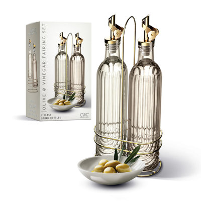17oz Fluted Glass Oil and Vinegar Dispenser Set of 2, Kitchen Olive Oil Cruet Carafe Decanter