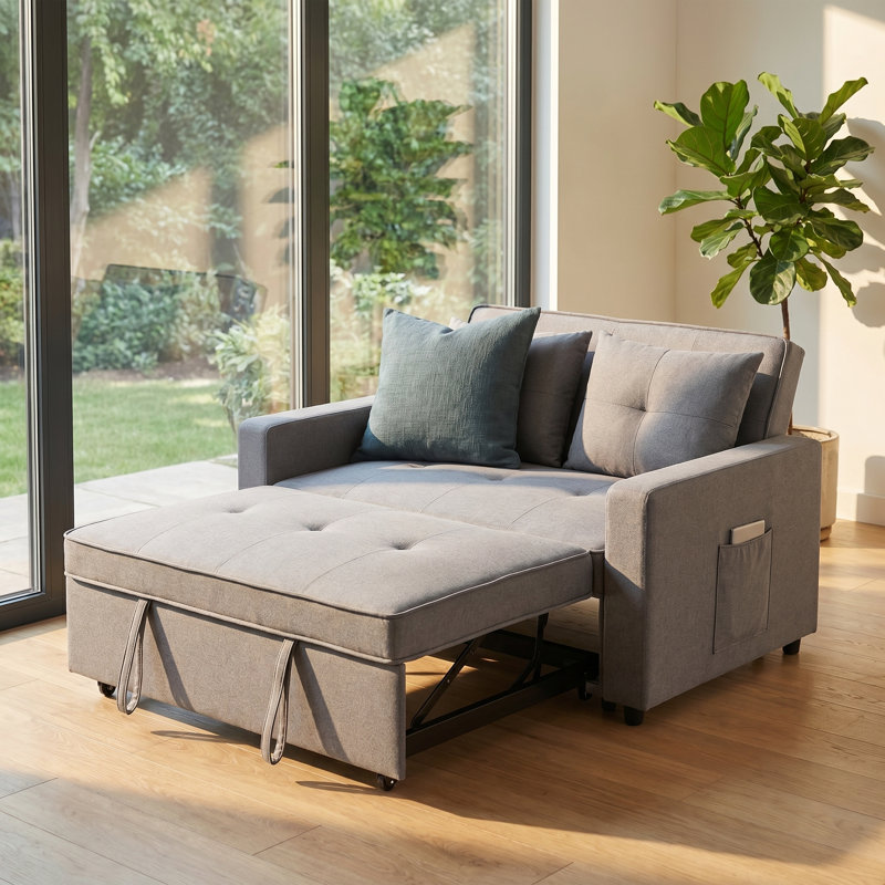 Canapé-lit gris convertible avec causeuse, canapé-lit escamotable 3 en 1 avec dossier réglable, tissu respirant, ensemble 2 pièces pour petits espaces