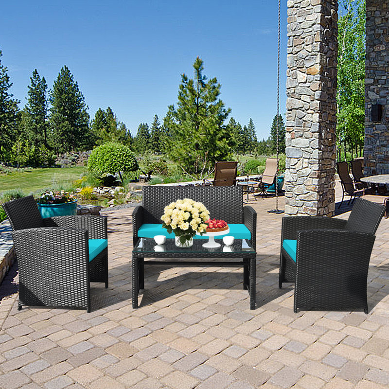 Red Barrel Studio® 4pcs Rattan Outdoor Conversation Set Patio Furniture Set W/ Cushions, Turquoise