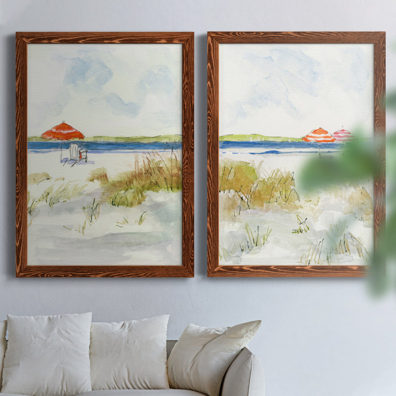 «Sketchy Beach I», ensemble de 2 peintures sur toile encadrées, H 44 po x l 31 po x P 1 po, Encadré de bois de noyer