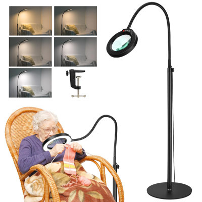 10X Magnifying Glass With Light And Stand, 24" Flexible Gooseneck Magnifying Floor Lamp, 3-In-1 LED 5 Colour Modes Stepless Dimmable Lighted Magnifier Hands Free For Close Work, Hobby, Reading