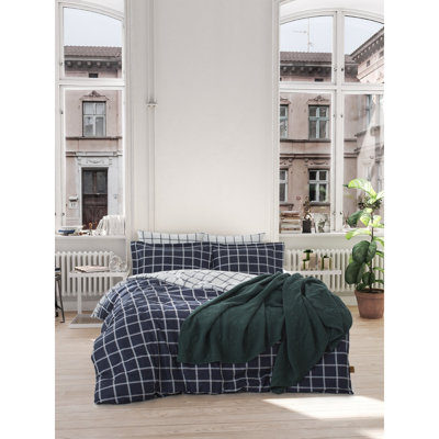 Ensemble de housse de courtepointe 100% coton Ranforce, bleu foncé et blanc | Housse de couette 53,1 po x 78,7 po, taie d'oreiller 31,5 po x 31,5 po | Lavable à la machine, 145 fils, fermeture à boutons et enveloppes | Style et douceur luxueux