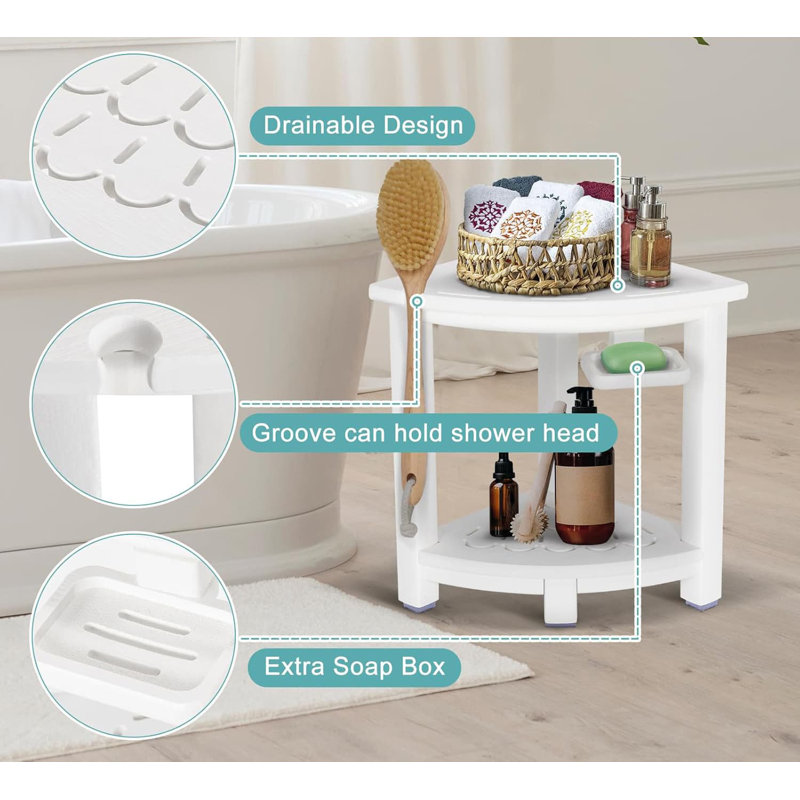 White HDPE Corner Shower Bench with Storage Shelf and Soap Box