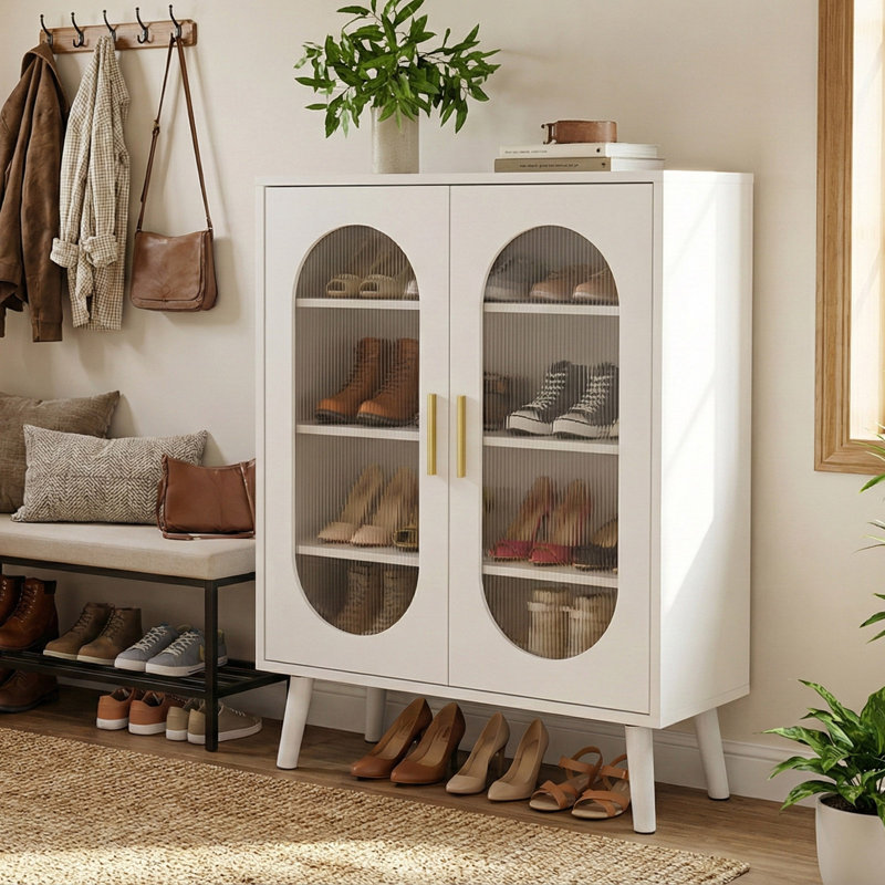 2 Door Sun Panel Elevated Shoe Cabinet USB 7 Color LED 4 Tier 26.77" W, White