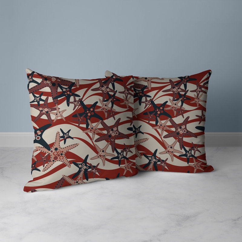 Coussin décoratif intérieur / extérieur Starfish Sway, H 16 po x l 16 po, Rouge / argenté