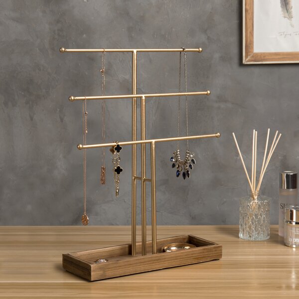 Brass-Tone Metal Hand-Shaped Jewelry Holder Stand with Acacia Wood Ring  Tray, Wire Jewelry Tree