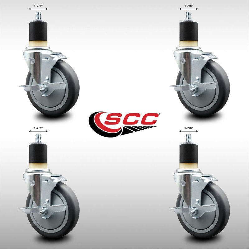 5 Inch SS Thermoplastic Rubber Swivel 1-7/8 Inch Expanding Stem Caster Set with Brake SCC