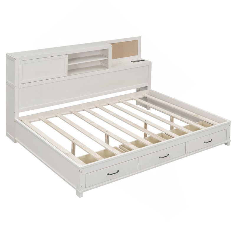 Wooden Daybed with 3 Storage Drawers, Upper Soft Board, shelf, and a set of Sockets and USB Ports, White, Twin