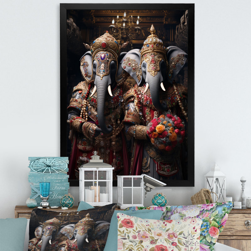 Art asiatique, éléphants thaïlandais, Cadre photo noir, H 20 po x l 12 po x P 1 po