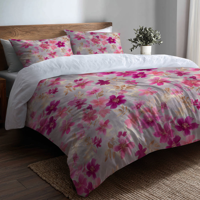 Ensemble de literie à motif floral 3 pièces - housse de couette et coussin décoratif gris fuchsia