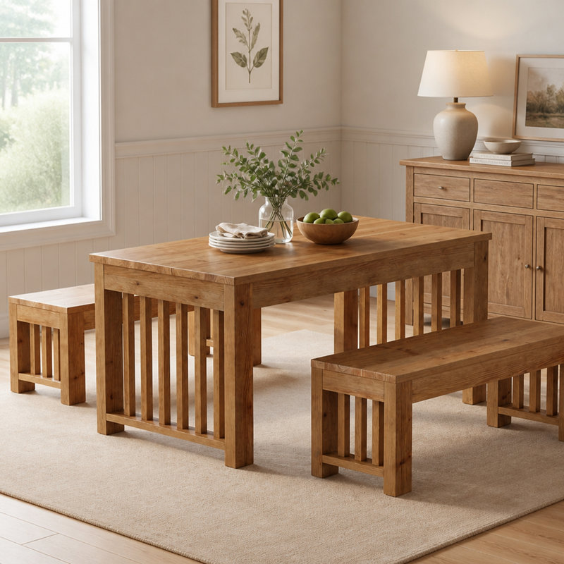 55" Rectangular Dining Table Set, Solid Wood Kitchen Table and Bench for 4 People