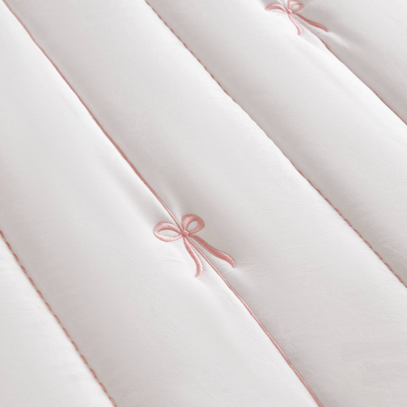 Charming Bow Embroidered Quilt Mini Set With Ruffle Trim And Soft Microfiber, Pink/White