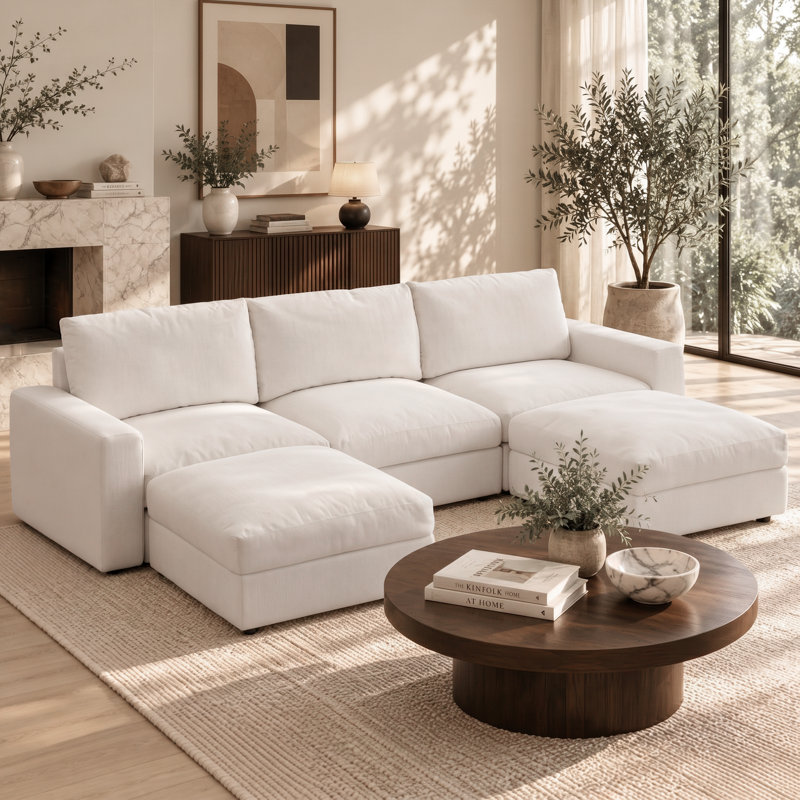 Canapé modulable 3 places en forme de U de 113,8 pouces avec 2 poufs de rangement, assises profondes et housses amovibles et lavables