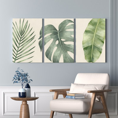 Tropical Palm Leaves Canvas Wrapped Wall Art Oil Painting Print Set of 3