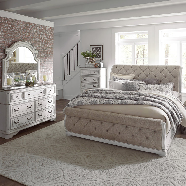 Colchester King California Upholstered Sleigh Bed, Dresser & Mirror, Chest