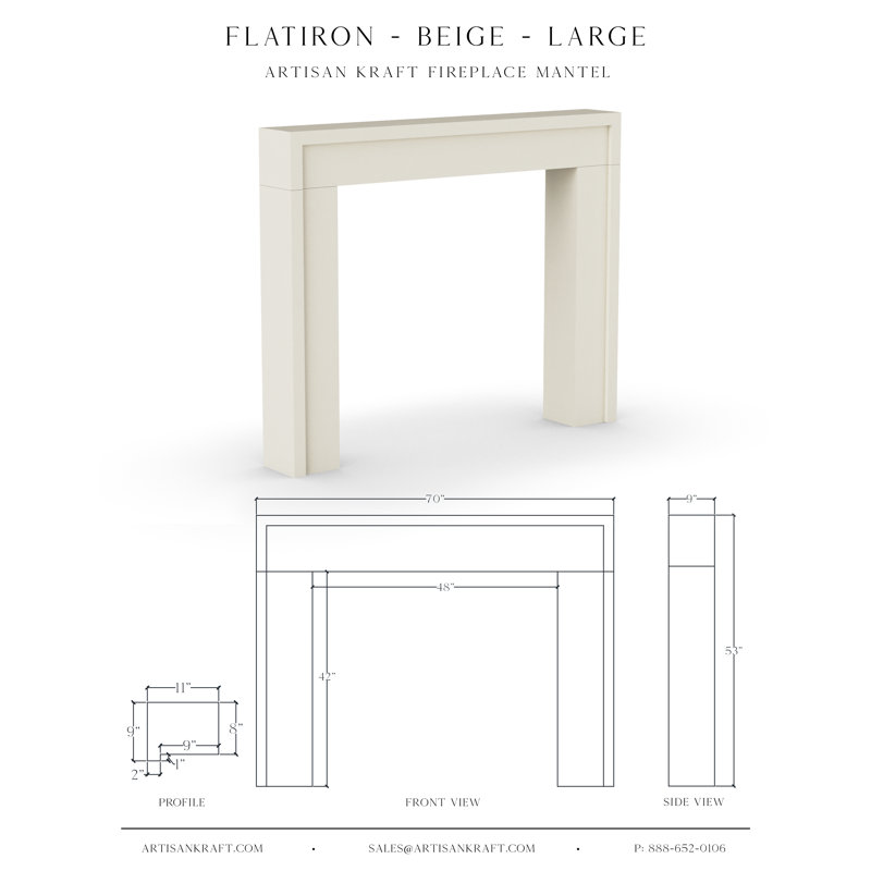 Flatiron Cast Stone Fireplace Surround with Beveled Hearth, 53" H x 70" W x 9" D, Beige