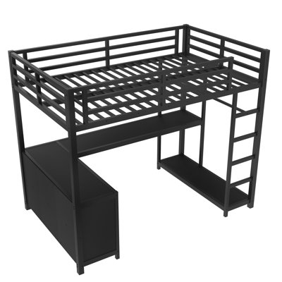  Lit mezzanine simple en métal avec garde-robe et bureau en L, tablettes de rangement, noir