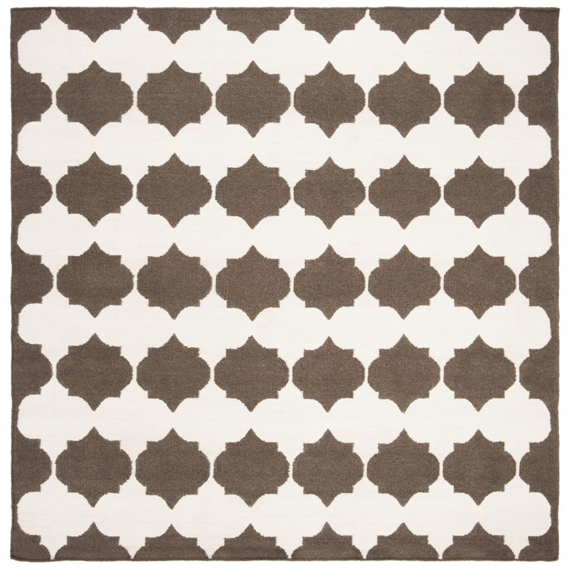Rodgers Hand Woven Flat Weave Banana Silk/Wool/Cotton Geometric Rug in White/Brown, Square 7'