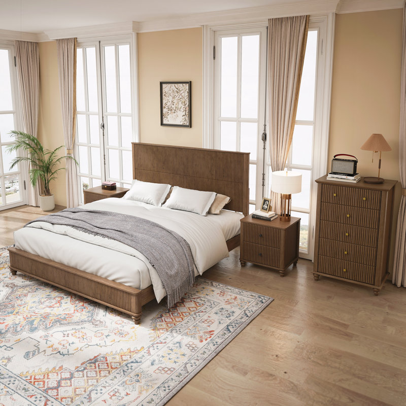 Ensemble de chambre à coucher 4 pièces avec lit très grand, Noyer, Très grand