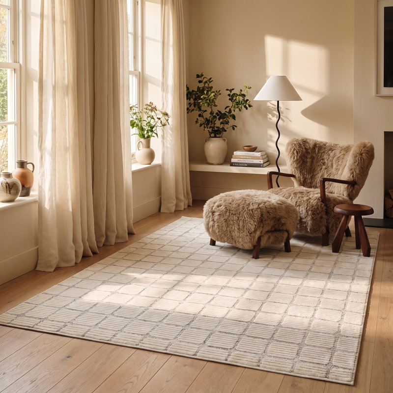 Tapis d'intérieur lavable à carreaux Seranova de Rug Branch, 213 x 305 cm, beige. Tapis moderne résistant aux taches, idéal pour le salon, la chambre à coucher, la salle à manger, la cuisine et le bureau.