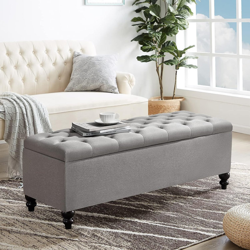 Repose-pieds capitonné avec rangement Brendalynn, Mélange de coton gris clair