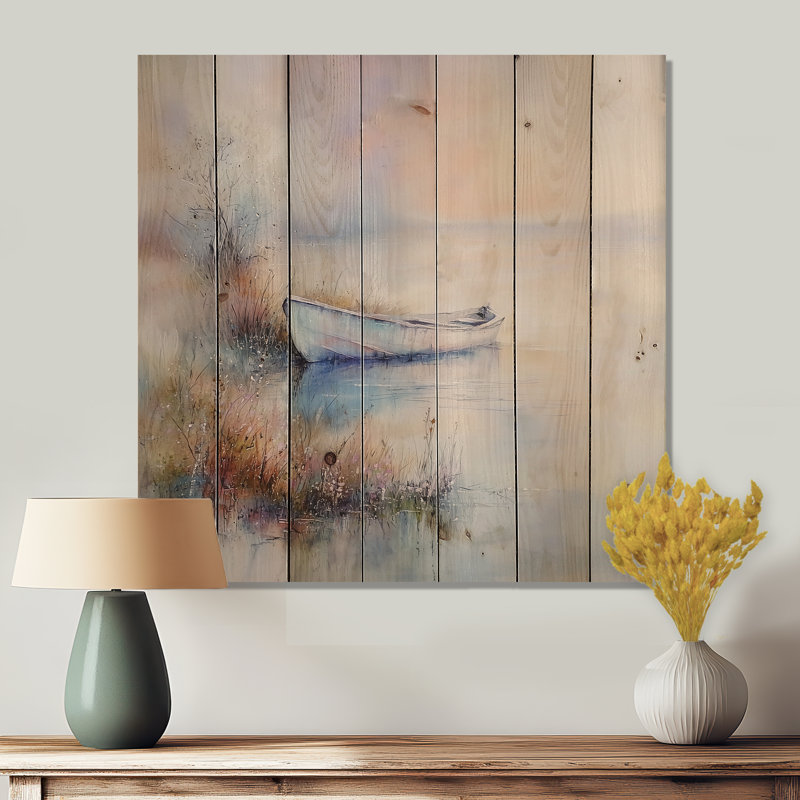 «Minimalist Boat Reflection By The Late I», art mural moderne sur bois de pin naturel, H 15 po x l 15 po