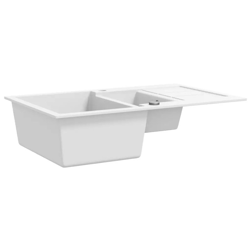 Belfry Kitchen Vada 500mm W Double Bowl Stone Flush Kitchen Sink with 1 Faucet Hole, White