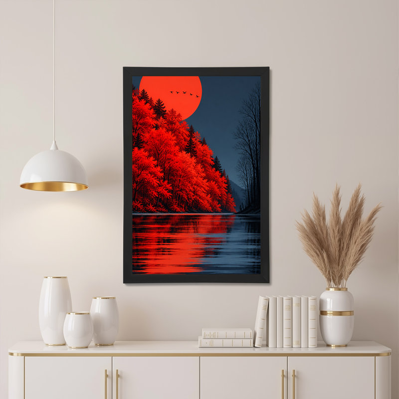 «Red Trees River Reflection Under Giant Red», art mural sur toile, H 24 po x l 16 po