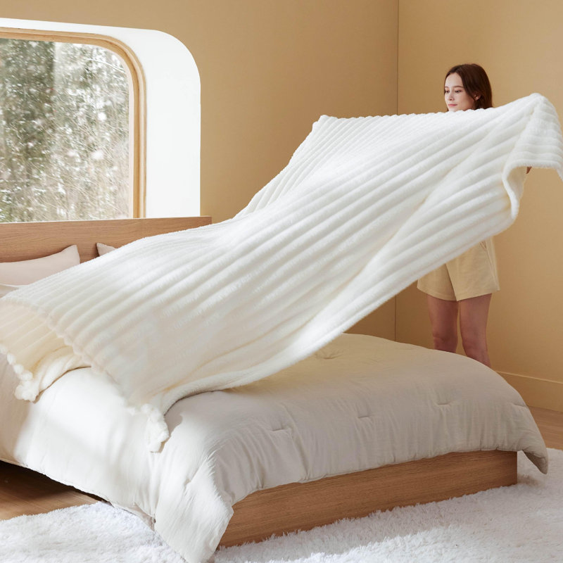 Bedsure 349gsm Blanket For Couch - Super Soft Cozy Blankets, Cute Small Fleece Blanket, Wider Striped Design, White, Queen