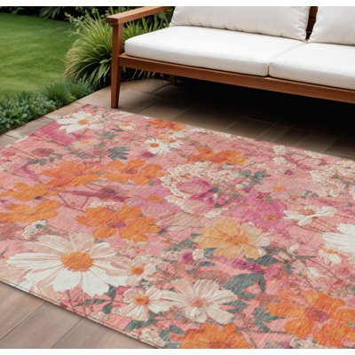 Tapis intérieur lavable floral 10 pi x 14 pi rose et orange