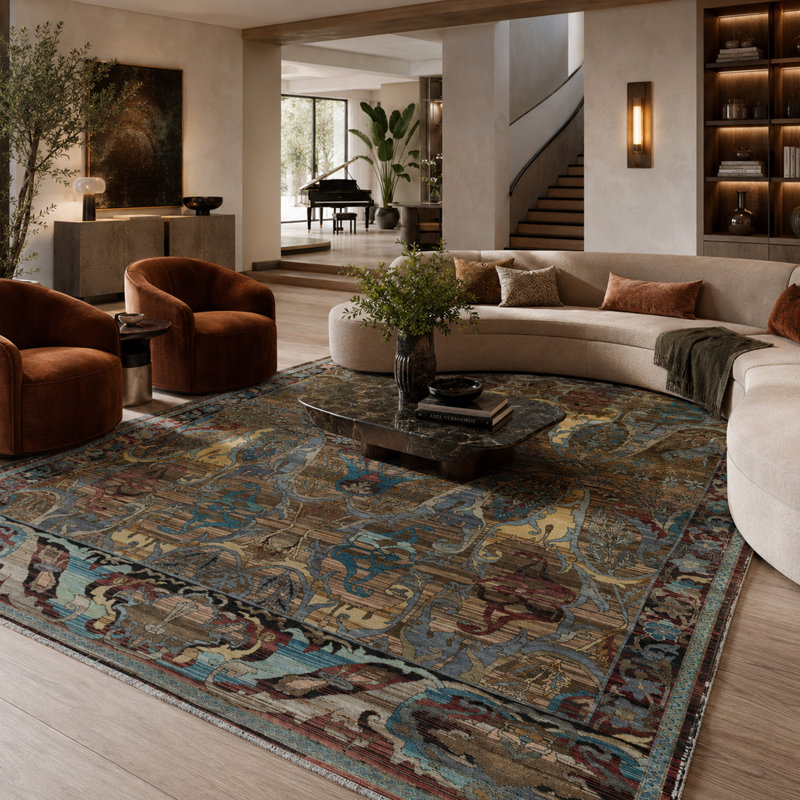 Tapis brun clair et brun de haute qualité noué à la main