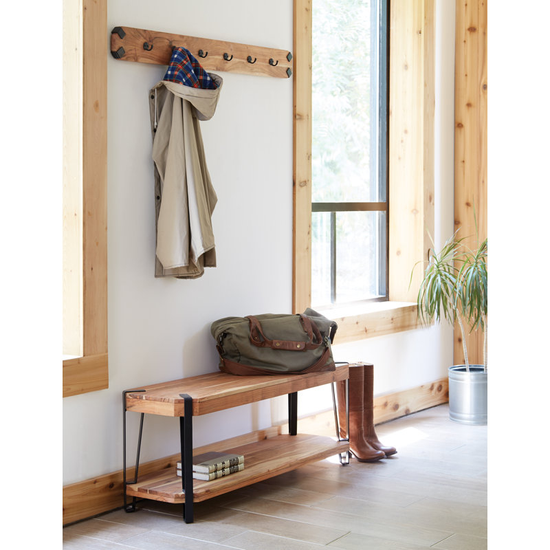 Tindal 48"W Industrial Farmhouse Solid Wood Wall Mounted Coat Hook And Bench Set With Storage