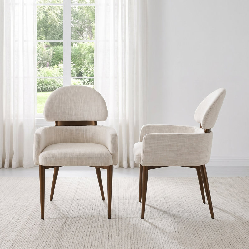 Ensemble de 6 chaises de salle à manger blanches en tissu avec accoudoirs et dossier haut semi-circulaire, Ensemble de 6