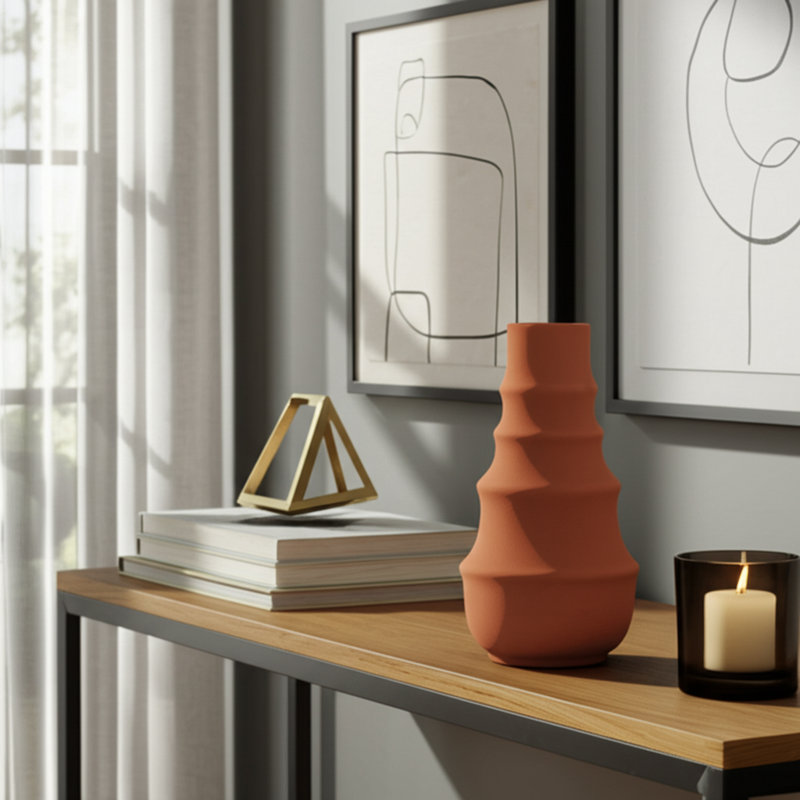 Modern Stoneware Ceramic Vase with Sculpted Tiered Silhouette, Orange