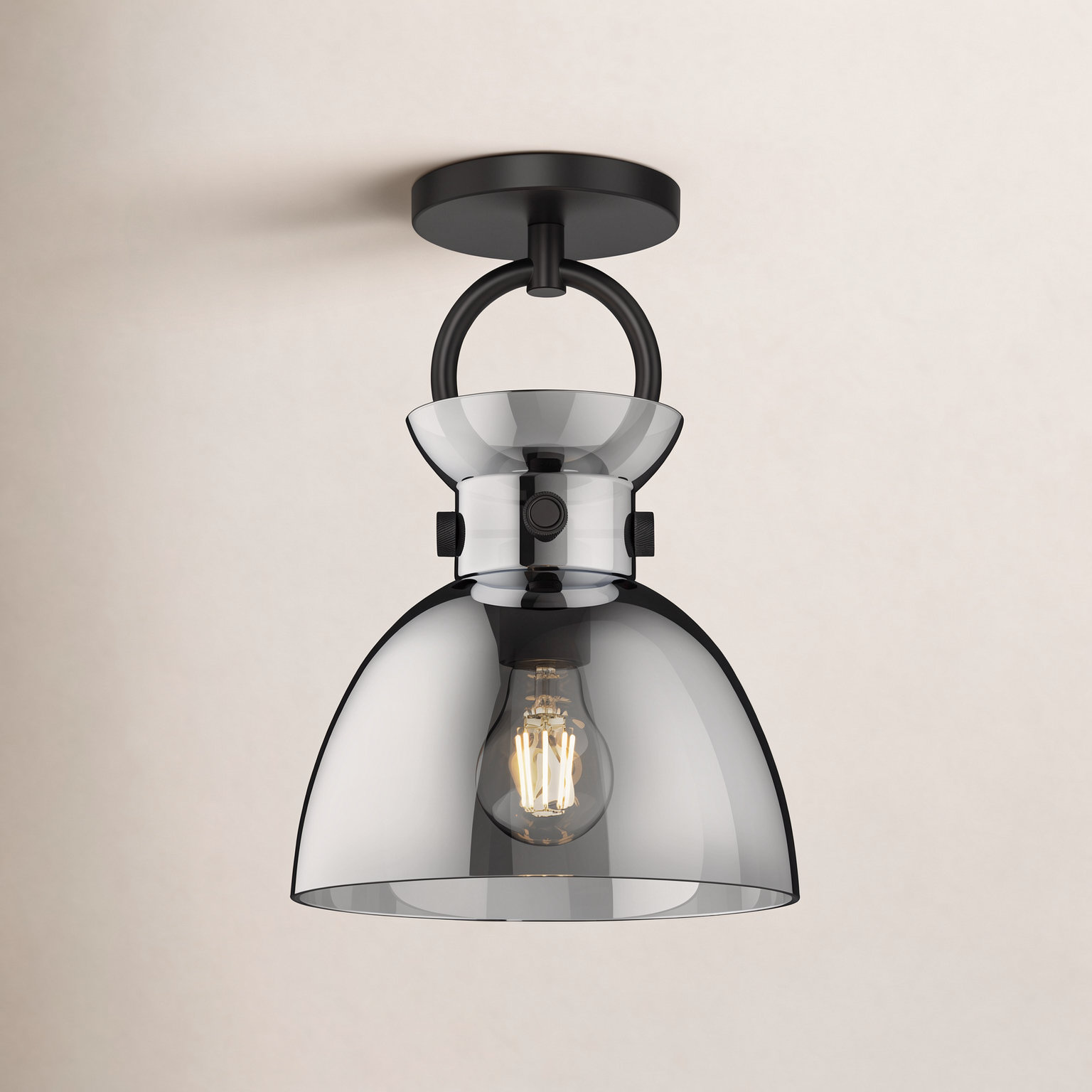 Tinka Single Light Glass Semi Flush Mount, Matte Black, Smoked