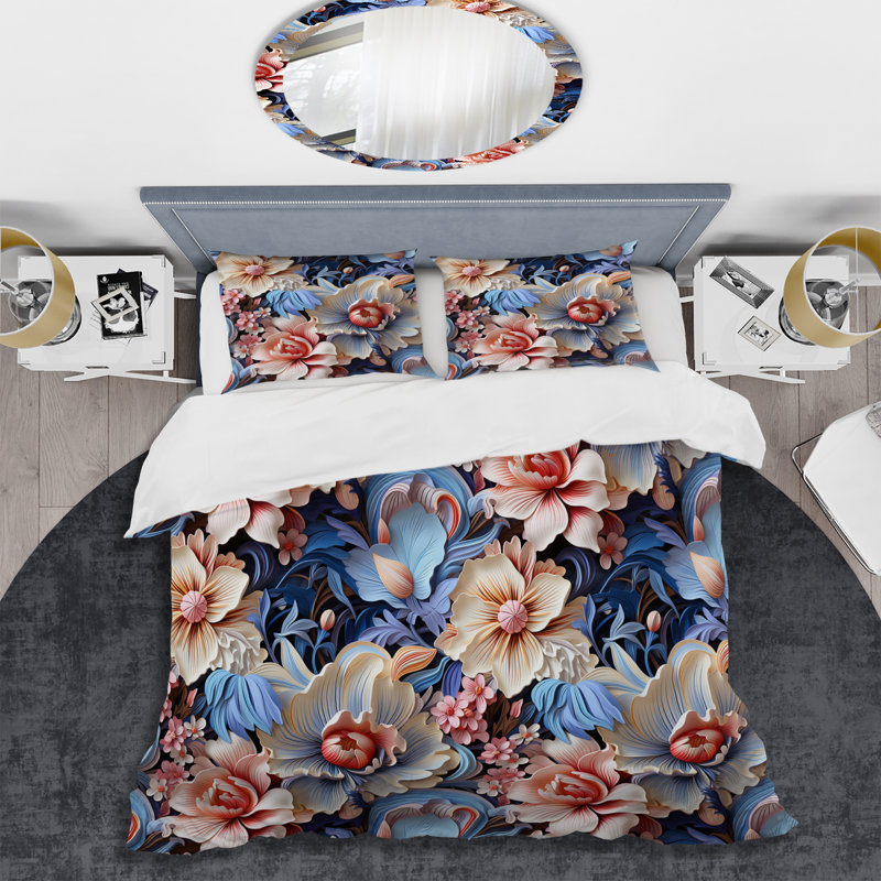 Ensemble de housse de couette à motif floral évasion méditerranéenne bleue, Housse de couette pour très grand lit et 2 très
