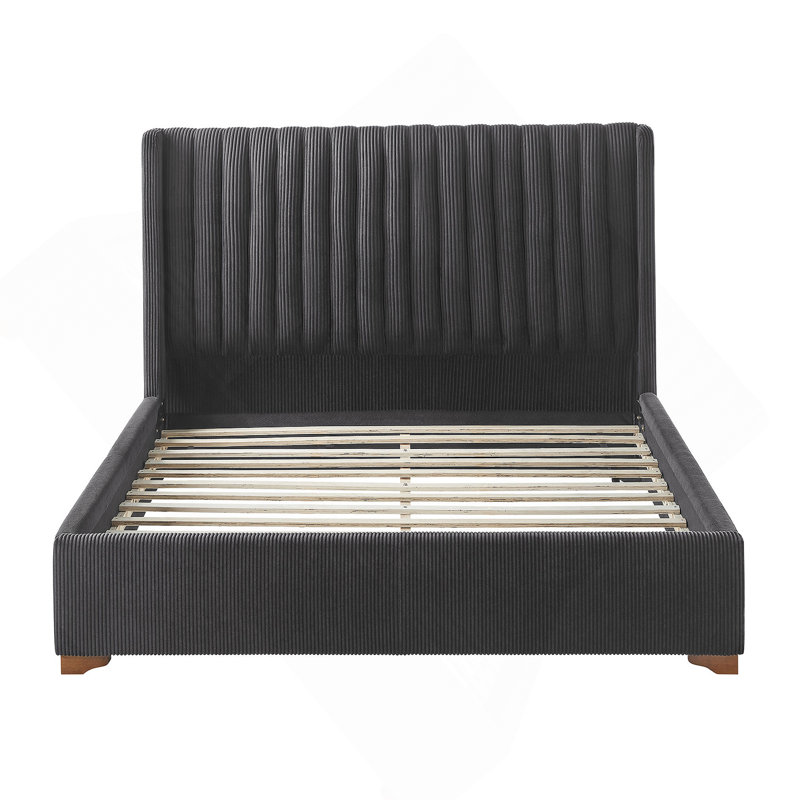 Modern Upholstered Platform Bed With Corduroy Wing Headboard, Black, Queen