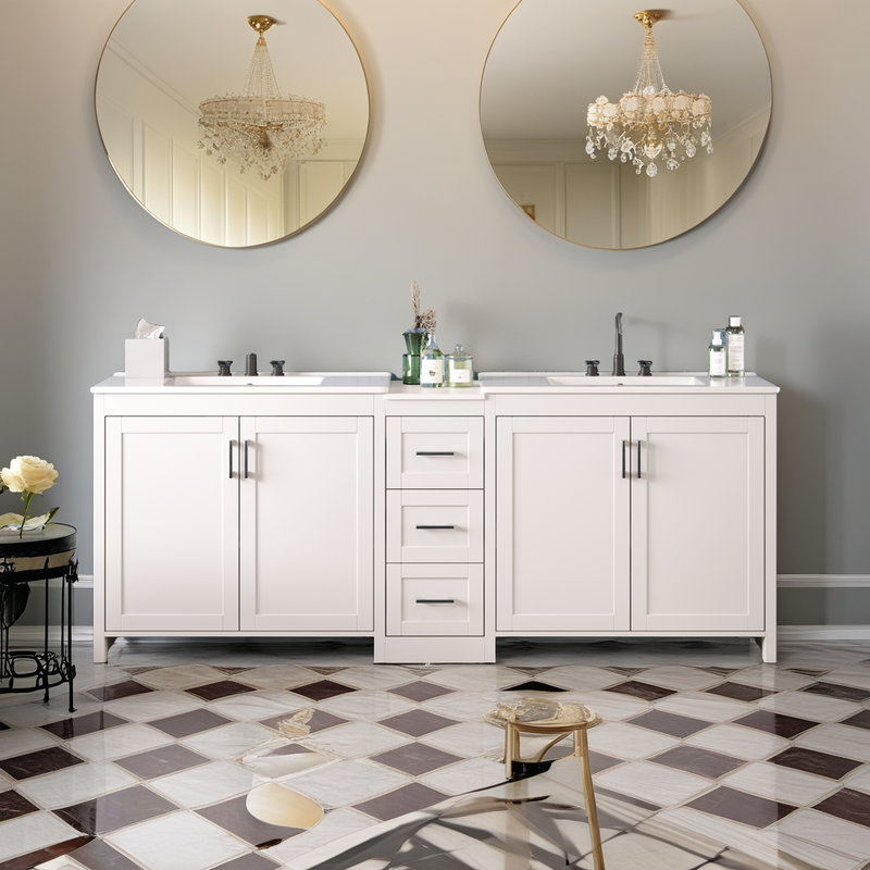 Meuble-lavabo double 84 po avec comptoir en quartz et rangement réglable?, Noir, Blanc