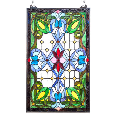 Stained Glass Window Panel, 17 X 29 In, Tiffany Style Hanging Transom Window Panel With Chain, Large Vertical Rectangle Stain Glass, Vintage Traditional Art Handcrafts For Kitchen Home Decor
