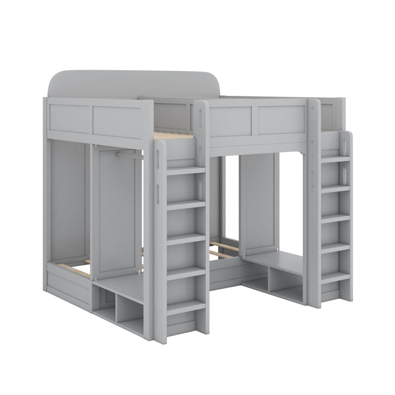 Twin +Twin Over Twin XL Triple Bunk Bed With Storage Shelves And Hooks, Gray