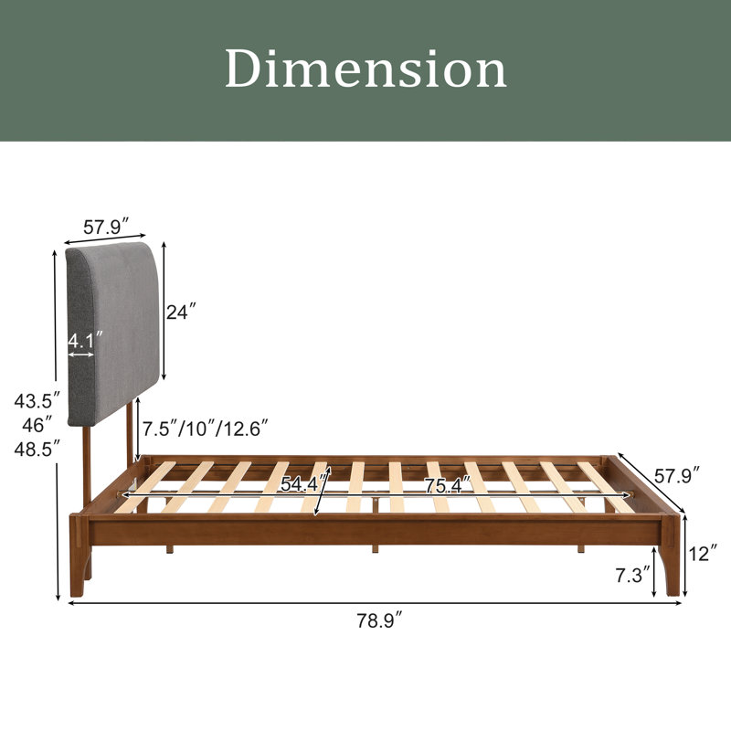 Lit plateforme solide en bois de bambou sec de 12 pouces, avec tête de lit tapissier courbée grise réglable, facile à assembler