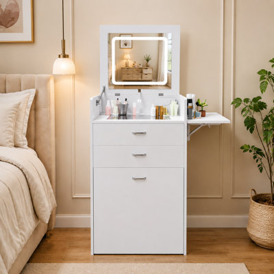 White Makeup Vanity with Stool & Flip Top LED Mirror – 3 In 1 Vanity Desk with 3-Color Dimmable Light, 3 Drawers, Hidden Wheeled Stool & Built-In Outlet, 19.6"W