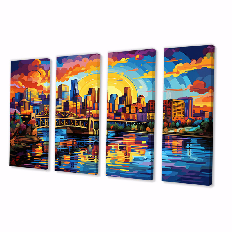 «Colorful City Minneapolis Popart II», reproduction d'art sur toile Minneapolis - 4 panneaux