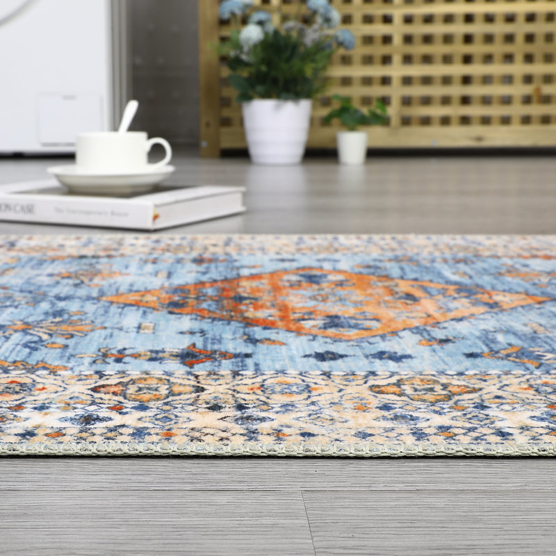 Vintage Machine Washable Rugs Oriental Floral Non-Slip Rug for Living Room Bedroom Nursery Dining Table Bedside Decor