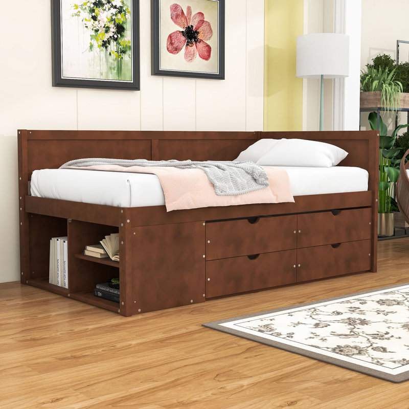 Wood Daybed with Pull-Out Drawers and Shelves, Walnut, Twin