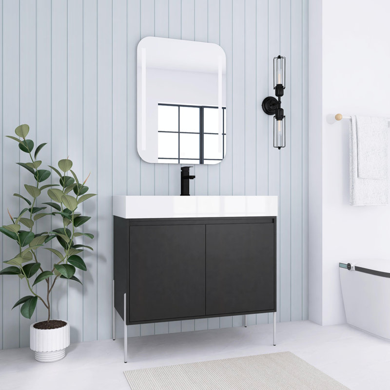 36 Inch Freestanding Bathroom Vanity with Resin Sink, Soft-Close Doors, Dark Oak, 36", Single-Hole