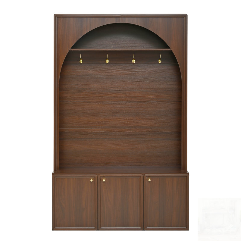 Farmhouse All-In-One Hall Tree With Adjustable Shelves, Retro Arched Entryway Storage Bench With 3 Cabinets, Wooden Coat Rack Organizer With 4 Golden Hooks For Mudroom, Hallway