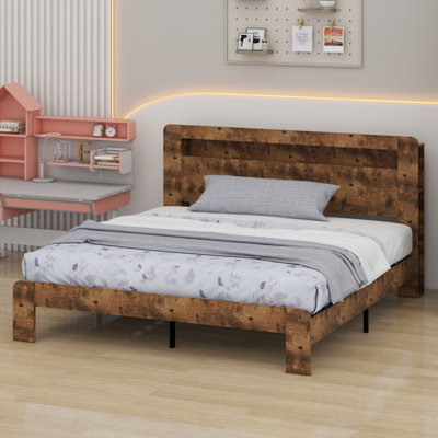 Structure de lit plateforme avec tête de lit à DEL avec rangement et 2 USB, grand rangement sous le lit
