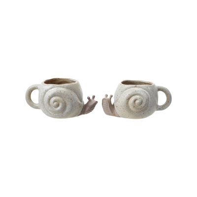 Tasse en grès 2 pièces en forme d'escargot pour gaucher / gaucher avec glacis réactif, couleur crème moucheté et brun