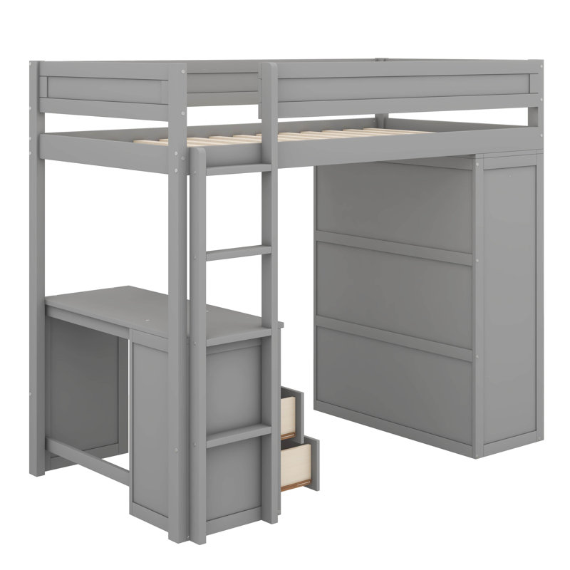 Lit mezzanine simple en bois rustique avec armoires encastrées, bureau à 2 tiroirs et unité de rangement, Gris